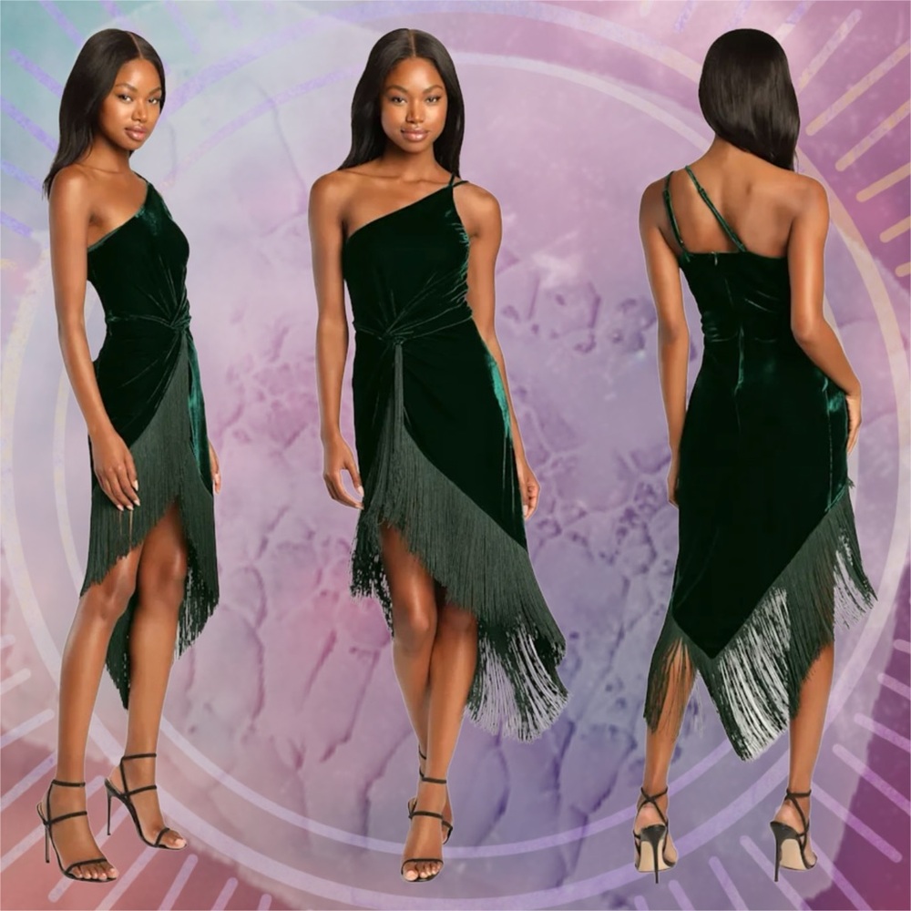 lulu’s • fringe for life dark green velvet one-shoulder fringe midi dress m